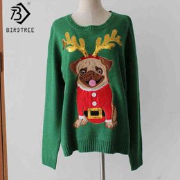 Ugly Christmas Sweater Embroidery Pug Dog Pullover Knitwear Green Pull T0N201N Y1118