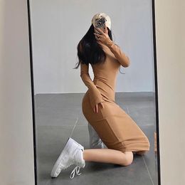 Casual Dresses WOMENGAGA Sexy Tight Skinny Hip Thick Turtleneck Medium Length Long Sleeve Dress Simple Women Autumn UG5B