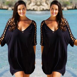 Women's Swimwear Plus Size Women V-Neck Hollow Out Beachwear Bikini Wear Cover Up Kaftan Ladies Summer Black Dresses