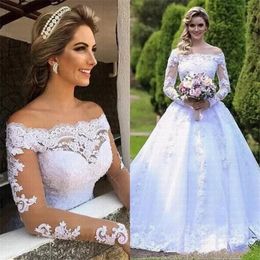 Ball Gown Wedding Dresses Muslim Lace Formal Bridal Gowns Bateau Long Sleeves Weddingdresses Sweep Train Vestido De 328 328