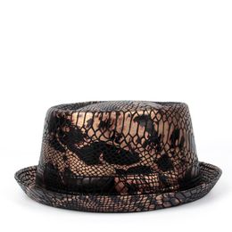 Men Flat Fedora Hat Leather Snake Skin Pork Pie Hat For Gentleman Dad Bowler Porkpie Jazz Big 4Size S M L XL