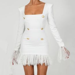 Free Shipping Sexy White Bandage Dress 2021 New Women's Square Neck Long Sleeve Bodycon Lace Dress Club Night Party Mini Vestido Y0118