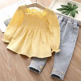 Autumn Spring 2 3 4 7 8 10 Years Children Long Sleeve Plaid Blouse+Jeans 2 piece Suits Baby Kids Girl Outfits Clothing Sets 210625