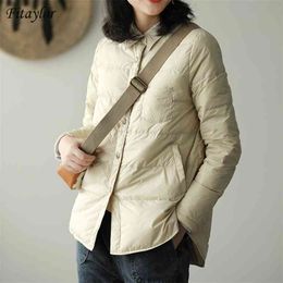 Fitaylor Autumn Winter Women Turn Down Collar Coat Ultra Light 90% White Duck Jacket Single Breasted Windproof Parkas 210913