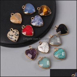 Charms Jewellery Findings & Components Natural Tiger Eye Stone Amethysts Pendant Heart Shape Metal Necklace Earring Charm For Making Drop Deli