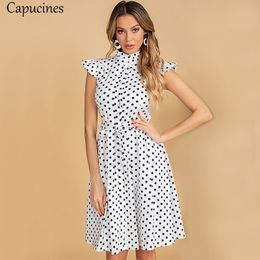 Capucines Ladies Vintage Ruffles Stand Collar Summer Dress Polka Dot Print Single Breasted Sashes A line Mini Dresses For Women 210316