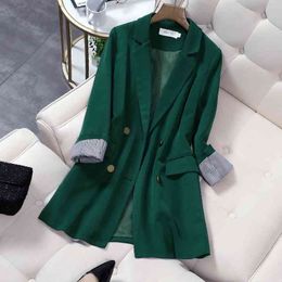 high quality fabric women's office suit Casual double-breasted mid-length blazer Jacket feminine plus size S-5XL 210527