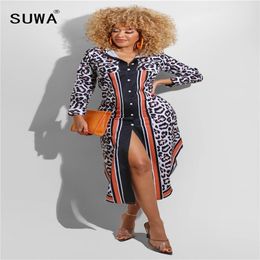 Women Dress Spring Autumn Leopard Printed Long Sleeve Single-Breasted Shirt Blouses Office Midi Wholesale 210525