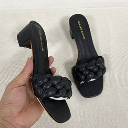 Summer Solid Weave Women Square Heel Sandal 2021 Fashion Thick High Heels Gladiator Outdoor Party Slides Ladies Sandals Shoes J2023