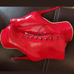 Winter Boots Women Sexy 16cm High Heels Platform Ankle Boots For Women Leather Lacing Red White Fetish Shoes Woman Large Size 45 K78