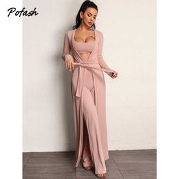 Pofash Solid Pink Loose Three Pieces Set For Women's Tracksuit Long Sleeves Home Casual Outfits Female Tank Top And Pants 2021 Y0625