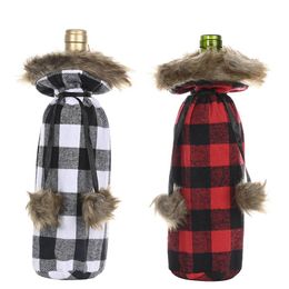 Buffalo Plaid Wine Bottle Cover Decorative Faux Fur Cuff Sweater Wine Bottle Holder Gift Bags Party Ornament