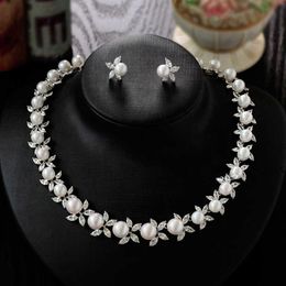 Women Silver Color Crystal Flower Pearl String Bridal Jewelry Sets Earrings Necklace Wedding Jewelry Accessories Sets H1022