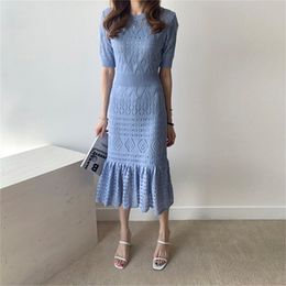 fashion O-Neck knitting Hollow dress women short sleeve elegant sweater Trumpet Mermaid Dresses 210603