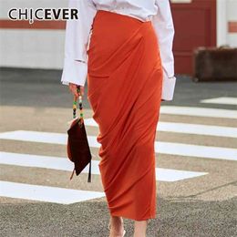 CHICEVER Asymmetrical Ruched Skirts Female High Waist Side Split Large Size Irregular Maxi Skirt Women Clothing Fashion 210621