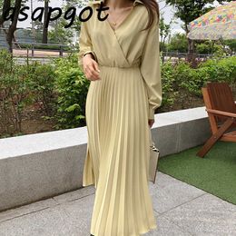 Minimalist Chic Temperament Elegant Slim High Waist Solid Cross Lapel Pleated Dress Casual Maxi Dresses for Women Vestido 210610