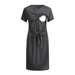 Maternity Dresses Women O-Neck Pregnant Nursing Short Sleeve Solid Frenulum Dress Vetement Femme #4M09