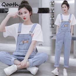 Qooth Girls Fashion Summer Denim Overalls High Waist Flexible Cotton Jean with Pockets Solid Straight-leg Pants QT769 210609