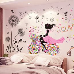 [shijuekongjian] Black Dandelion Flowers Wall Stickers DIY Fairy Girl Mural Decals for House Living Room Kids Bedroom Decoration 210308
