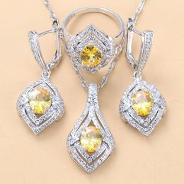 Earrings & Necklace Women Silver Colour Dazzling Yellow Zircon Jewellery Sets Crystal Earring And Ring Vintage