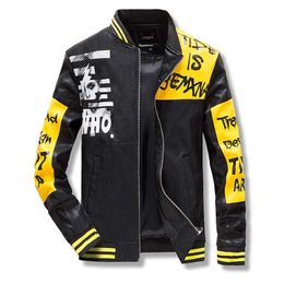 Men's Motorcycle Jacket Male Letter Print PU Leather Fall/Winter Slim Artificial leather jacket 211111