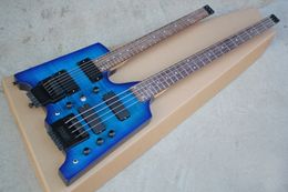 6+4 Strings Blue Headless Double Neck Electric Guitar with Rosewood Fretboard,Black Hardwares,offer Customised