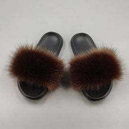 15 Colours fake fox fur slippers large size summer open toe fluffy fake fur slippers casual black slippers furry shoes Y200423