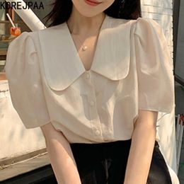 Korejpaa Women Shirt Korea Summer Gentle Elegant Apricot Doll Collar Single-breasted Loose Versatile Short Sleeve Blouse Top 210526