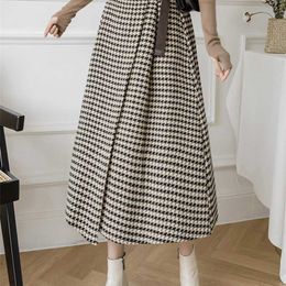 TIGENA Vintage Plaid Woolen Long Skirt Women Autumn Winter Fashion Irregular Hem High Waist Mid-length Skirt Female 211120