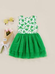 Girl's Dresses St. Patrick's Day Children's Dress Small Fresh Girls Clover Printed Round Neck Sleeveless Summer Casual Wear