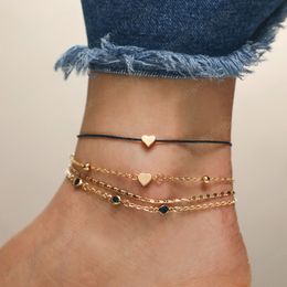 Gold Heart Black Rhinestone Layered Anklets Women Metal Chains Charms Pendant Anklet Barefoot Jewelry