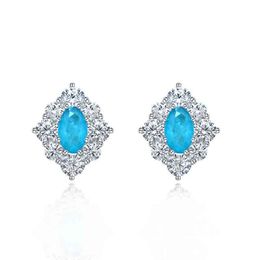 Solid 925 Sterling Silver 6*9mm Sapphire Aquamarine Oval High Carbon Diamond Paraiba Stud Earrings For Women Fine Jewelry Gift