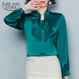 Fall Bow Silk Clothes Office Lady Korean Fashion Clothing Solid Loose Long Sleeve Women Tops and Blouses Blusas Mujer 8493 210528