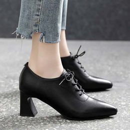 Women Bare Boots Lace Up High Heels Dress Shoes Pointed Toe Pumps Black Ol Office Lady Shoes Autumn Winter Zapatos Mujer 9412N