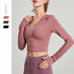 Yoga Clothes Top Women's Pullover Hooded Fitness Long Sleeve Short T-shirt Running Sports Fitness Shirt Gym Clothes