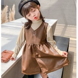 Girls Dress Children's Clothing Baby Girl Winter Dresses Sleeveless PU Leather Dress Toddler Girl Suspender Dresses 210303