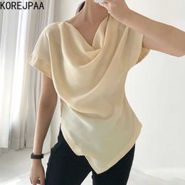 Korejpaa Women Shirt Summer Korean Chic Minimalist Temperament Pile Collar Gloss Solid Colour Short-Sleeved Irregular Blouse 210526