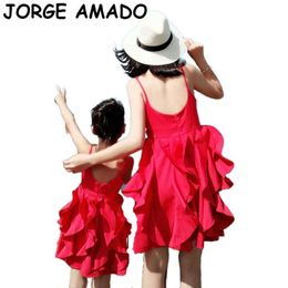 Mother Daughter Clothes Beach Dress Summer Red Backless Slip Parent-child Clothing Outfit YM008 210610