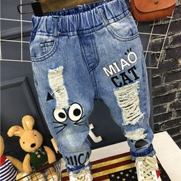 Baby Boys Girls Jeans Pants New Children Trousers 1-7Yrs Boys Girls Jeans Boys Casual Pants Cartoon Cat Jeans For Kids 210306