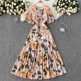 Women's Elegant Printed Dress Fashion Round Neck Summer Pleated Slim Chiffon Holiday Clothes Vestidos S584 210527