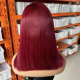 4x4 Lace Closure Remy Indian Human Hair Wigs with Baby Hair 99J Burgundy Colour Short Straight Bob Wig 150% Density
