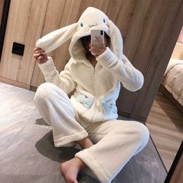 Cartoon Flannel Pyjama Long Ear Hooded Sleepwear Warm Thick Women Winter Pyjamas Set Two Pieces Pockets Girls Homewear 210924