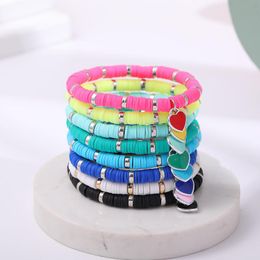 Bangle 2021 Boho 6mm Flat Round Polymer Clay Stretch Bead Bracelets For Women Heart Charm Soft Pottery Female Bracelet Handmade Jewellery