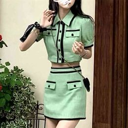 Korean Sweet Fashion Skirt Suits Women Outfits Short Jacket Coat Crop Top + Vest + Bodycon Mini Skirt Set Green Girls 3pcs Sets 210730