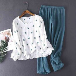 Japanese style spring and autumn ladies cotton crepe cloth long-sleeved trousers Pyjamas cactus comfortable home service 210830