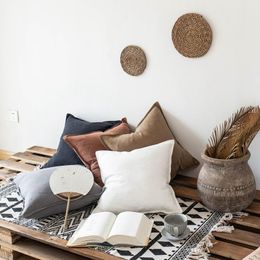 -Coussin / oreiller décoratif nordique simple couleur unie simple coton et lin double aiguille dentelle canapé coussin coussin