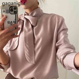 Fashion Women Solid Loose Shirt Long Sleeve Chic Korean Lady Formal Blouses Bow Bandage Elegant Blusas Drop 210601