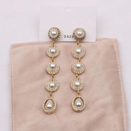 18K Gold Plated Flower Designer Letters Stud Long Earring Dangle Crystal Geometric Luxury Brand Women Rhinestone Pearl Wedding Party Jewerlry Accessories