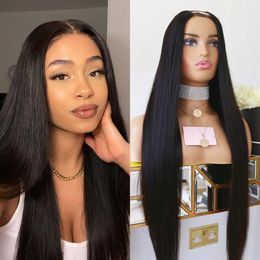 Silky Straight 100% Human Hair Full Machine Made U Part Wigs with Combs and Starps 250 Density Natural Colour Jet Black Indian Hair Wig 30inches