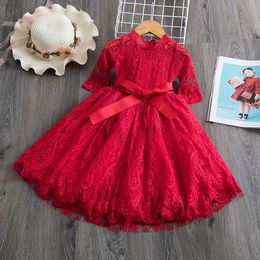 Girls Spring Dress Red Ceremony Dress Girls New Year Costume Lace Wedding Dress for Girls Elegant Party Gown Frocks Dresses Q0716